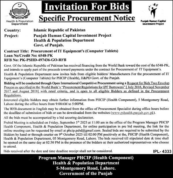 Health & Population Department Lahore Tender Notice